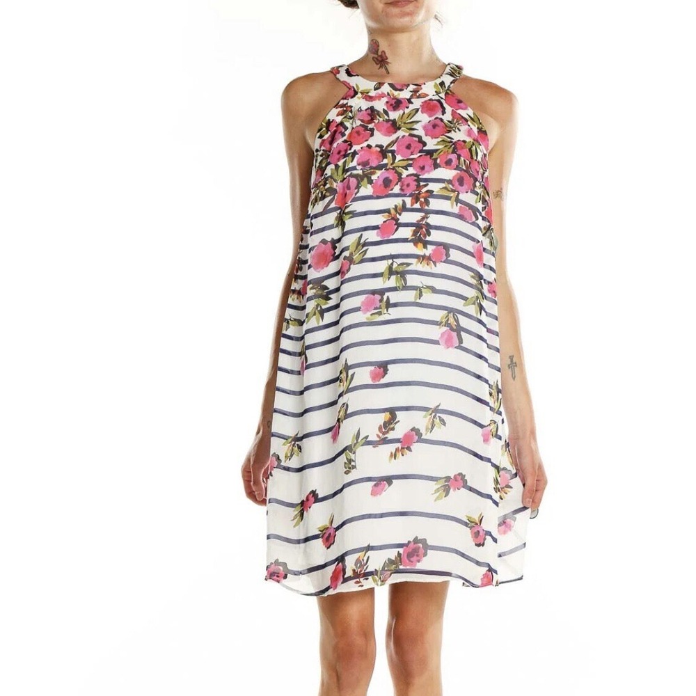 Betsey Johnson‎ Womens Floral Stripe Halter Shift Dress White Navy Pink Size 8